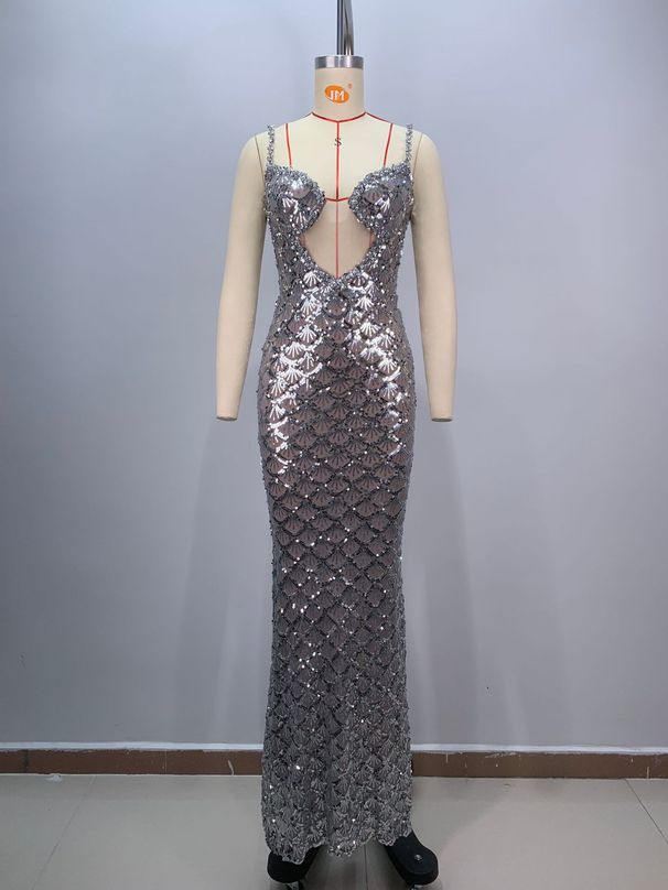 Women's Clothing New U Neck Fish Scale Beaded High Waist Slim Fit Birthday Party Host Dress_ecoleips.com