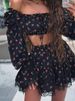 K Women's Sweet Lace Border Printed Lantern Sleeve Strapless Shirt Half Skirt Set_ecoleips.com
