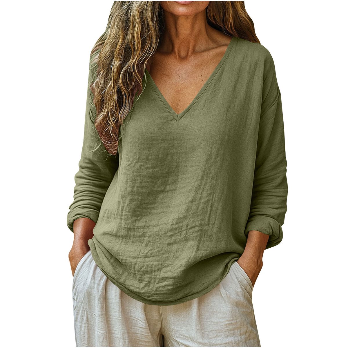 Women's Casual Loose Long Sleeve V Neck Top Spring Summer New Fashion Cotton Linen Blend Clothing for Europe And America_ecoleips.com
