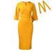 Elegant V-Neck Belted Knee-Length Dress for Women Stretchy Polyester Blend Office Chic S-XXXL_ecoleips.com