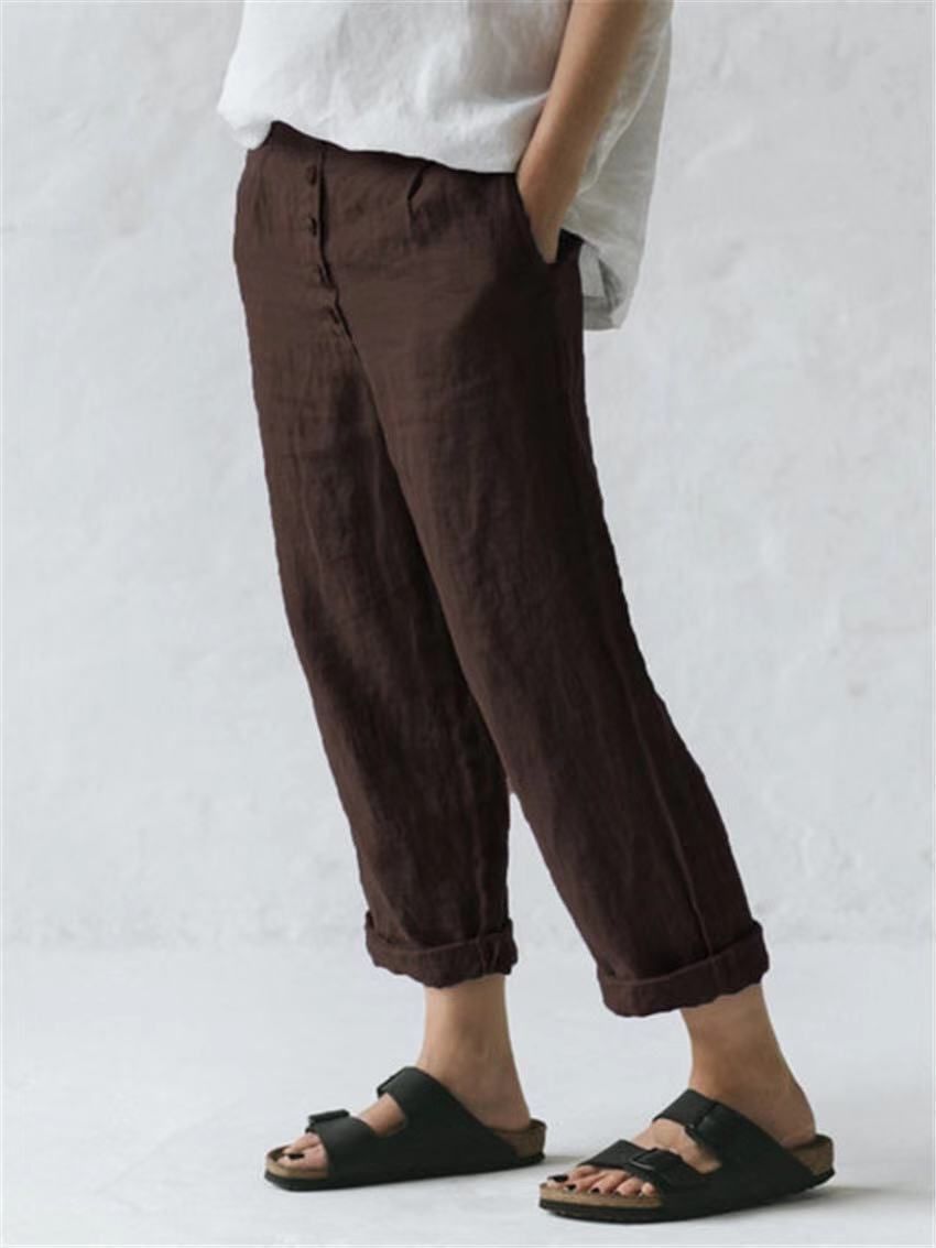 Suitable For All Seasons Summer Women's Linen Pocket Button Casual Plus Size Pants_ecoleips.com