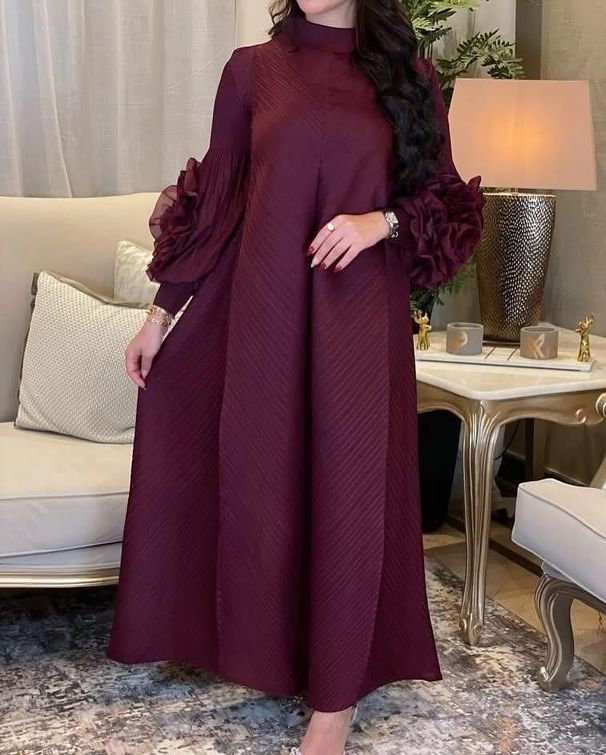 Women's Clothing Modest Abaya Dress Elegant Long Dress With Pleated Lantern Sleeves Stand Collar Loose A-Line Silhouette Solid Color Muslim Dress_ecoleips.com