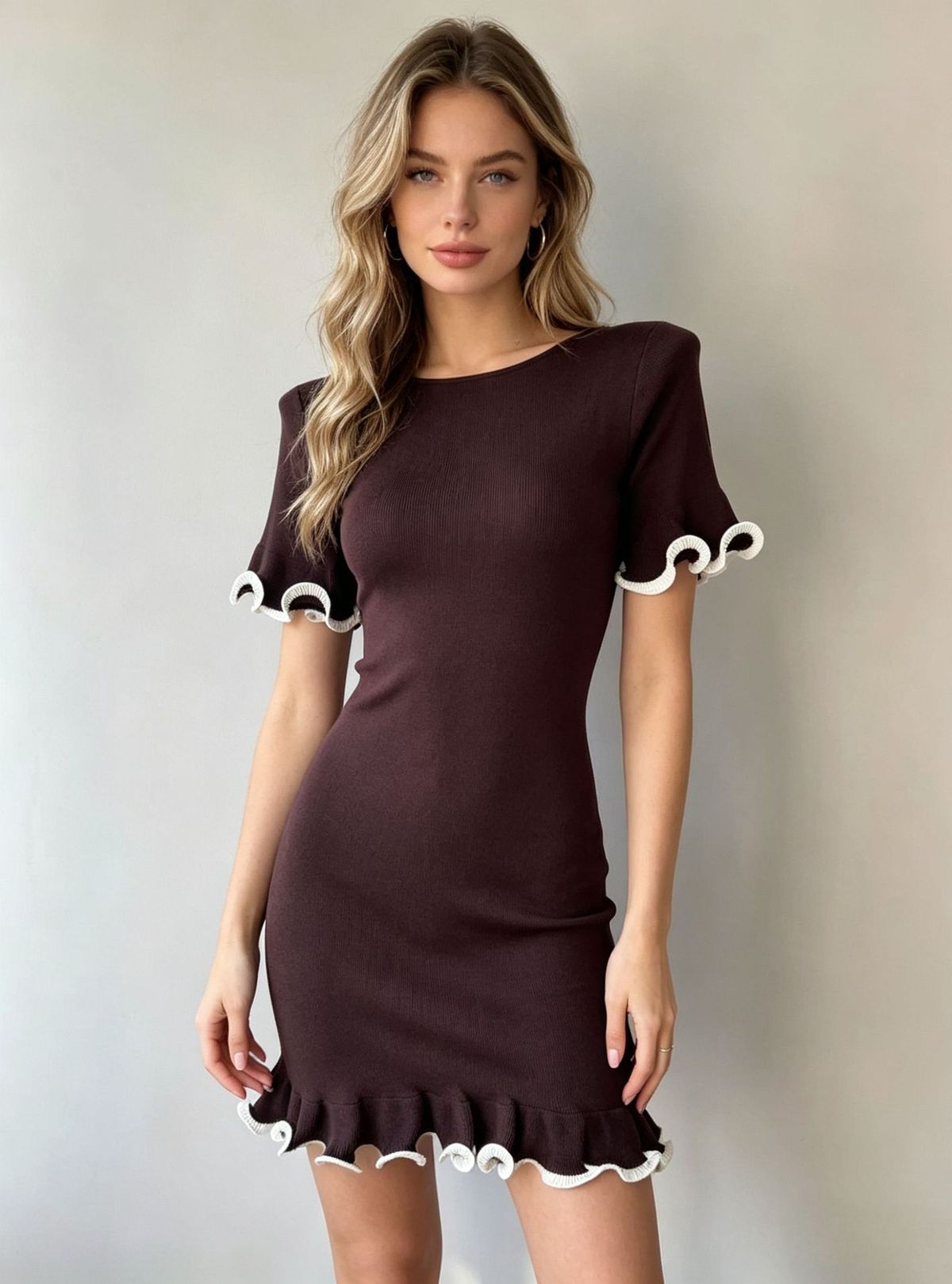 American Style Short Skirt For Women Ruffled Hem Short Sleeves Slim Fit Knitted Solid Color Summer Dress French Style Clothing_ecoleips.com