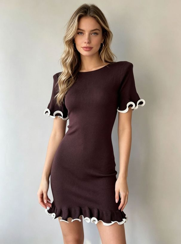 American Style Short Skirt For Women Ruffled Hem Short Sleeves Slim Fit Knitted Solid Color Summer Dress French Style Clothing_ecoleips.com