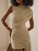 Irregular Round Neck Ruched Ribbon Women Dress Coffee Sleeveless High Waist Mini Dress Summer Slim Party Club Outfits YGZ8_ecoleips.com