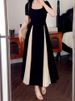 Elegant Mesh Splice Summer Dress Women's A-Line Skirt Slimming Black Dress Commute Korean Style Short Sleeve Long Dress_ecoleips.com