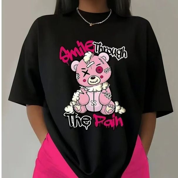 Breathable Cotton Printed Oversized T-Shirt For Women - Soft Round Neck Short Sleeve Top With 3D Floral Design (S-3XL)_ecoleips.com