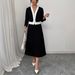 Women's Color Blocked Blazer Skirt Set Spring/Summer New Arrival Simple Two Piece Outfit with Solid Color Skirt_ecoleips.com