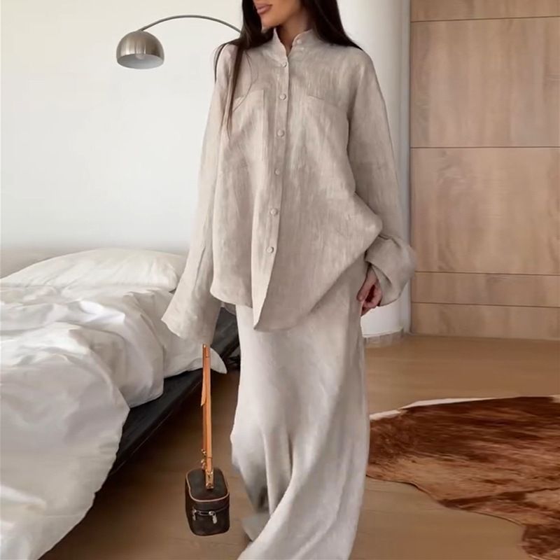 Spring Fashion Set For Women High Waisted Skirt And Loose Long Sleeved Shirt Solid Color Style Women's Clothing_ecoleips.com