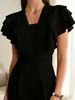 2026 Summer New Pure Black Lotus Leaf Sleeve Jumpsuit Women's V-neck Pleated Waist Wide Legs Elegant Commuter Jumpsuit_ecoleips.com