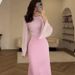 Women's Clothing Solid Color Simple Waist Sexy Hip Skirt Long Sleeve Pleated Elegant Dress_ecoleips.com