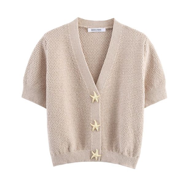 Women's Knit Cardigan With Star Shaped Buttons, V-Neck Short Sleeve Lightweight Cover-Up, Yellow Khaki Navy_ecoleips.com