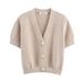 Women's Knit Cardigan With Star Shaped Buttons, V-Neck Short Sleeve Lightweight Cover-Up, Yellow Khaki Navy_ecoleips.com