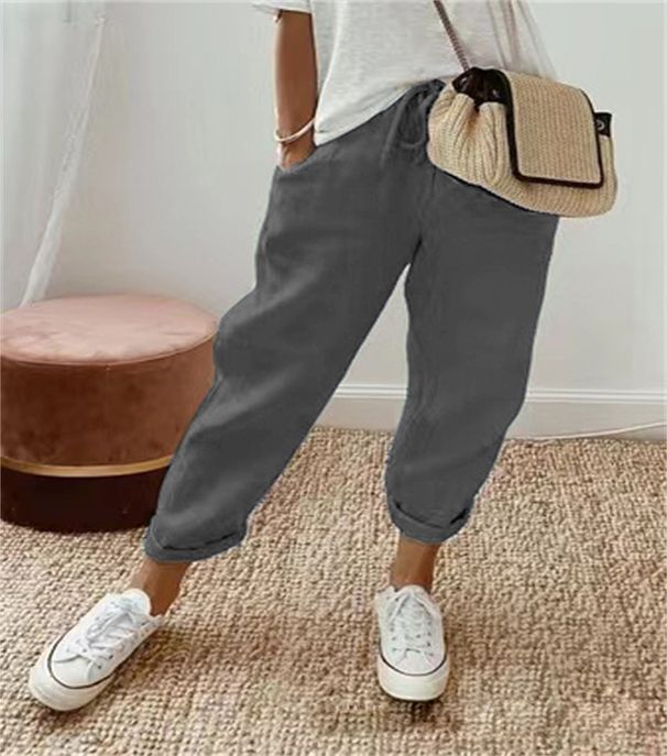Women's Linen Cotton Elastic Waist Trousers Relaxed Fit Cropped Pants Casual Office Wear Comfort-First Elastic Waistband_ecoleips.com