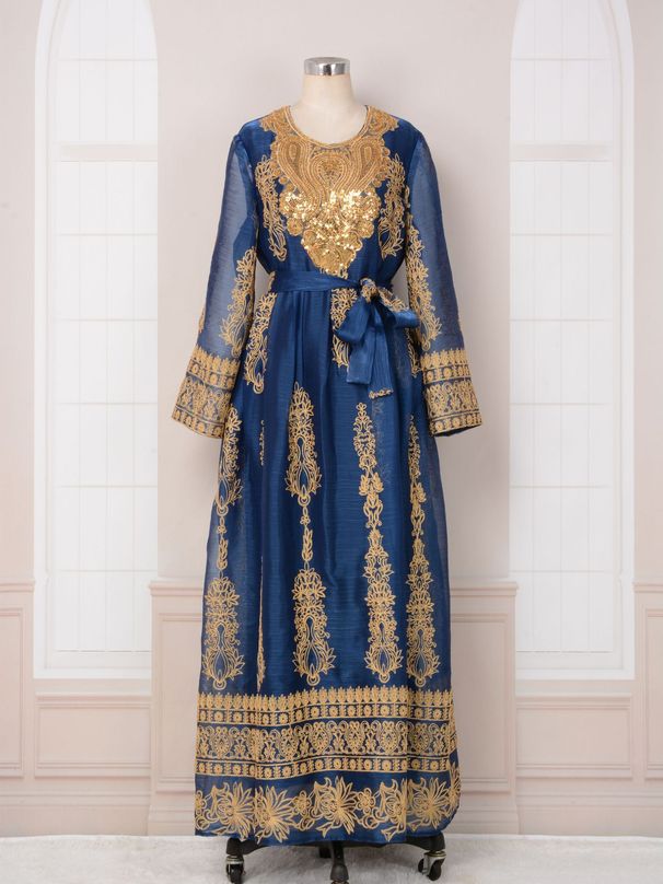 Women's Clothing New Embroidered Flower Pattern Round Neck Long Dress_ecoleips.com