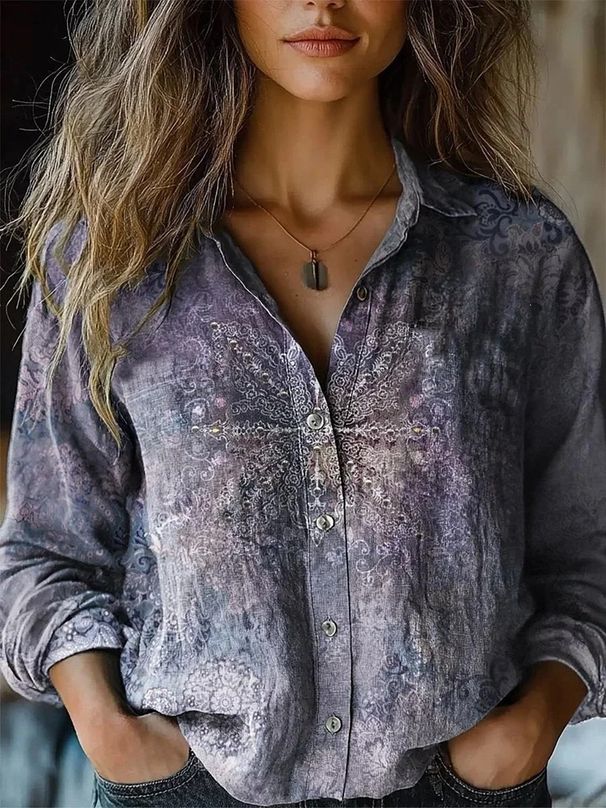 Women's Retro Printed Long Sleeve Casual Shirt Spring Summer New Imitation Cotton Linen Feel European American Style Top_ecoleips.com