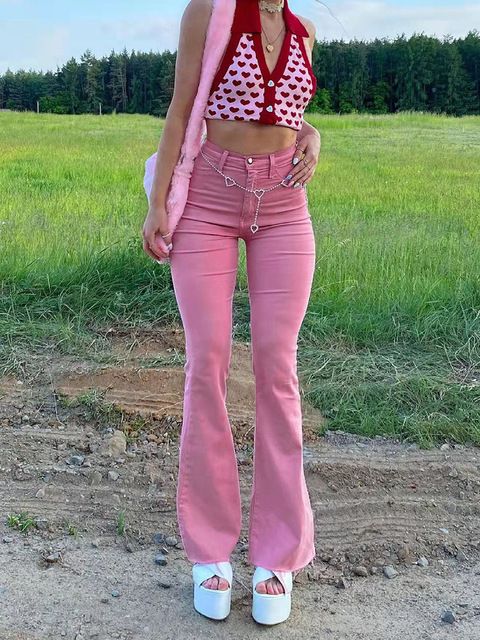 Women's Clothing New Fashion High Waist Slim Street Style Pink Hip Flared Casual Jeans_ecoleips.com