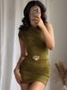 Slim Sleeveless Belts Mini Dress Women Pleated Skew Collar High Waist Chic 2025 Spring Summer Dresses Street Green Party Robe_ecoleips.com