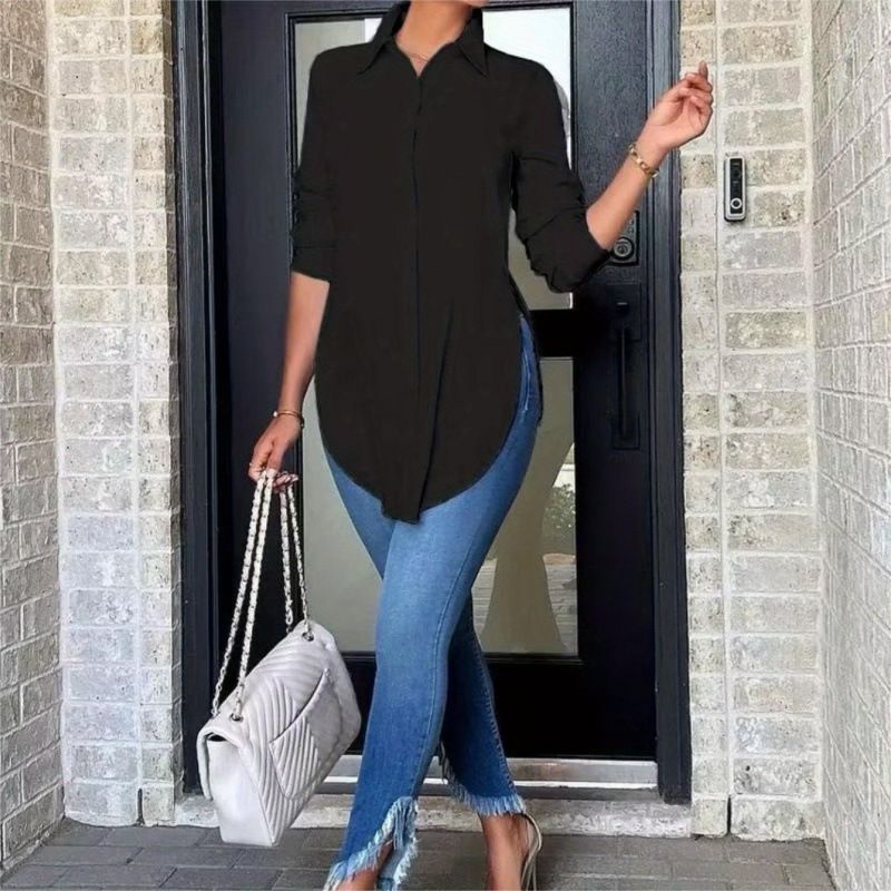 Plus Size Women's Spring Personalized Long Sleeve Solid Color Shirt_ecoleips.com