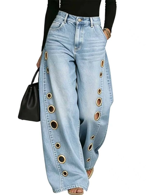 Women's Loose Fit Denim Jeans With Metal Grommet Details - Vintage Washed Blue & Black High-Rise Wide Leg Trousers For Casual Style_ecoleips.com