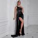 Women's Clothing New Design Temperament Sexy Slim Evening Dress Oblique Shoulder Slit Hot Diamond Dress_ecoleips.com