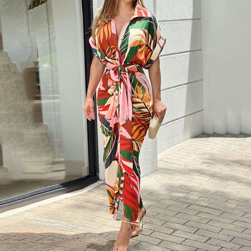 Ins Women's Printed Collar Short-Sleeved High-Waisted Long-Sleeved Shirt Dress_ecoleips.com