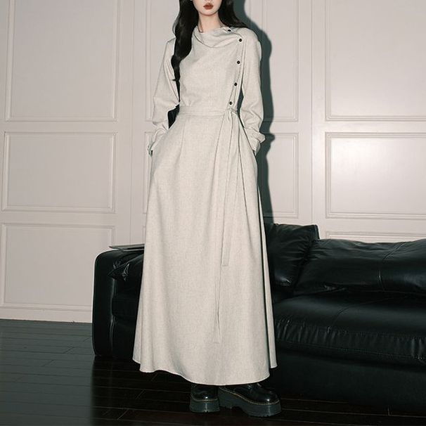 Women's Clothing Women's French Style Apricot Long Dress With Tie Waist And Long Sleeves Artistic A-Line Long Skirt Super Popular_ecoleips.com