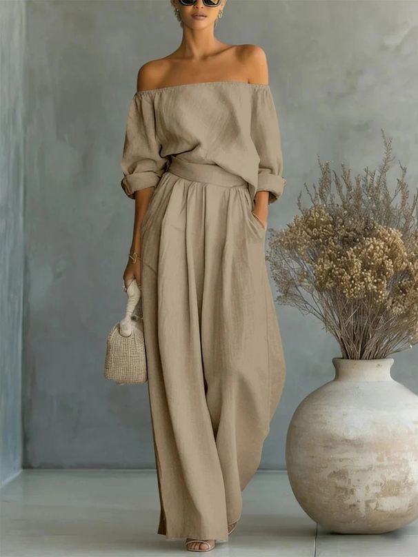 Women's Stylish Off-Shoulder Two-Piece Set With Wide-Leg Pants - Casual & Elegant Outfit For Everyday Wear_ecoleips.com