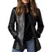 PU Leather Jacket Jacket Stand Up Collar Long Sleeved Vintage Fashion Gothic Women_ecoleips.com