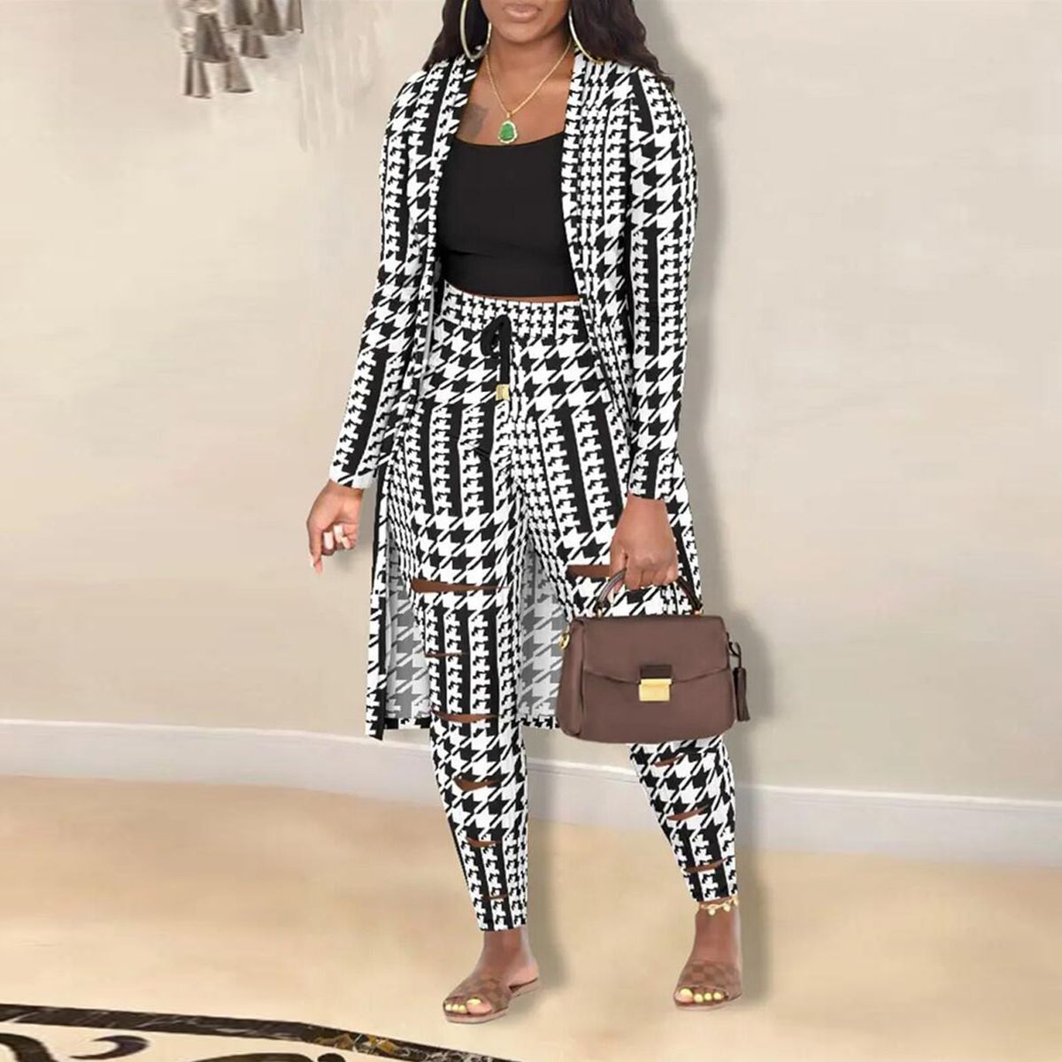 Women's Clothing sexy cardigan print long sleeve two piece suit nightclub clothes_ecoleips.com