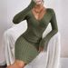 Striped Knit Bodycon Mini Dress – Slim Fit Deep V-Neck Long Sleeve_ecoleips.com