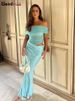 Weird Puss Ruched Irregular Dress Women Mesh Patchwork Slash Neck Short Sleeve Skinny Stretch Trend Elegant Long Bodycon Outfits_ecoleips.com