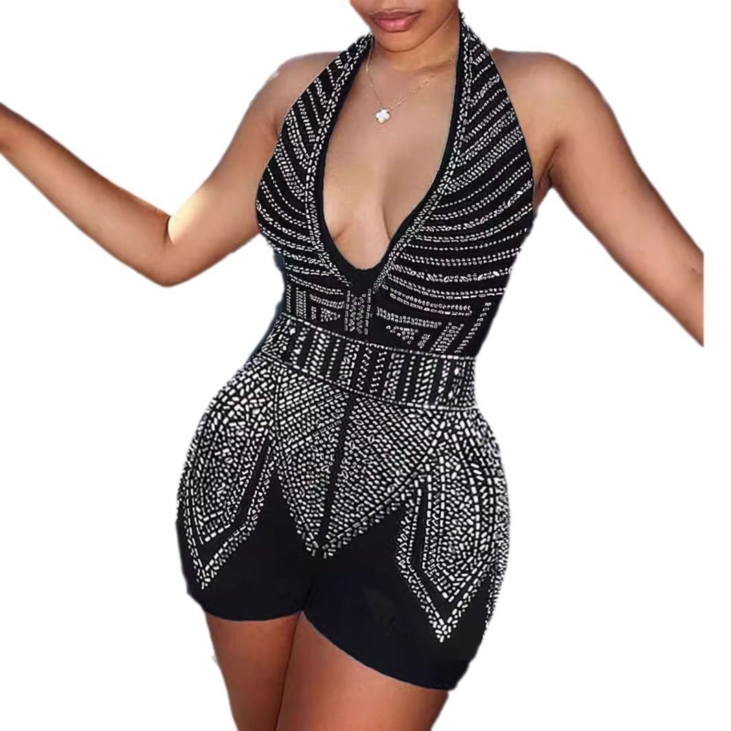 Women's Clothing hot diamond deep V backless strap halter neck jumpsuit shorts_ecoleips.com