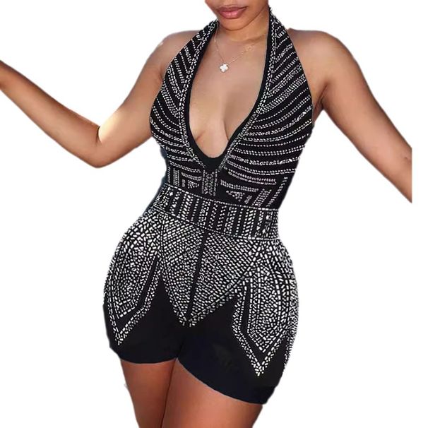 Women's Clothing hot diamond deep V backless strap halter neck jumpsuit shorts_ecoleips.com