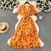 Women's Clothing Summer New Style High Grade Strap Waist V Neck Flared Sleeve Slim Temperament Printed Chiffon Dress_ecoleips.com