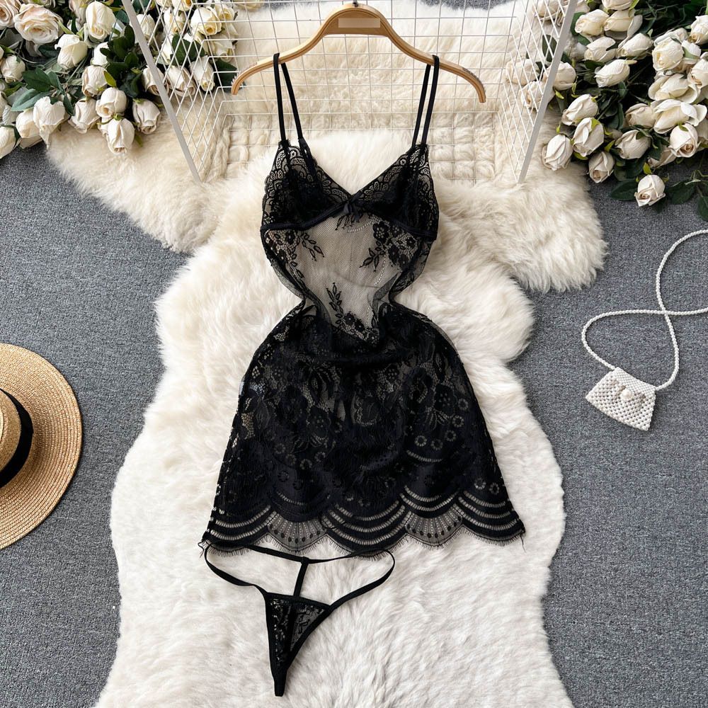 Women's Clothing Summer New Pure Lust Hottie Suspender Lace Embroidery Hollow Sexy Suspender Ruffle Dress Sub_ecoleips.com
