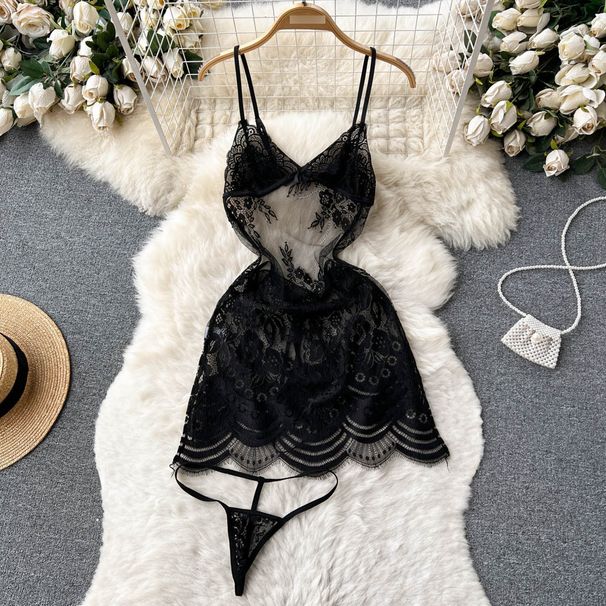 Women's Clothing Summer New Pure Lust Hottie Suspender Lace Embroidery Hollow Sexy Suspender Ruffle Dress Sub_ecoleips.com