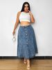 Plus Size A-Line Denim Skirt With Layered Hem - High Waist Summer Casual Skirt For Women, Streetwear Staple In Light Blue_ecoleips.com