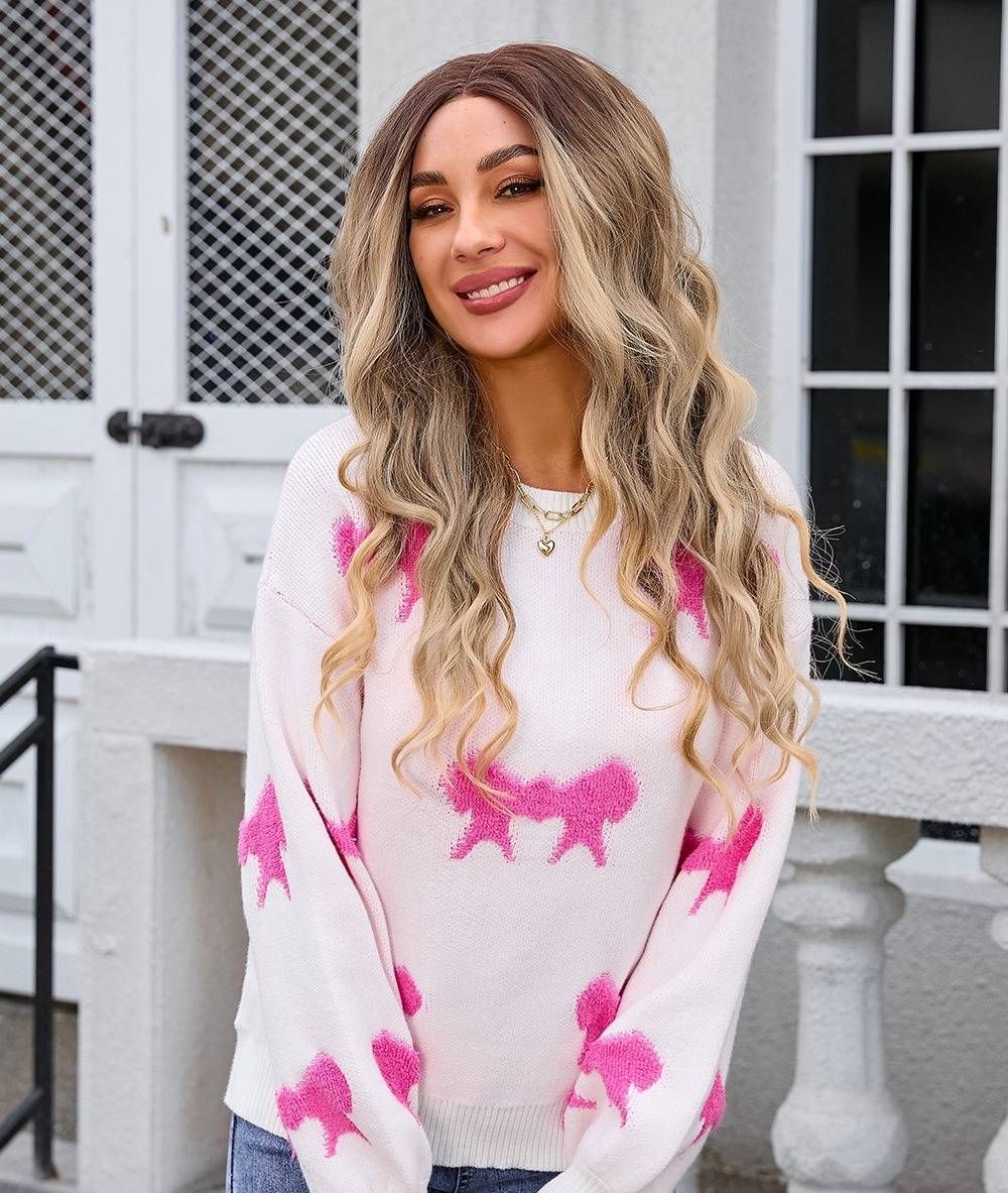 Trendy Bow-Knot Sweater For Women – Oversized Round Neck Knit Top With Long Sleeves, Casual Chic Winter Pullover (Pink, Blue, Red, Rose Red)_ecoleips.com