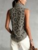 Women Soft Skin-Friendly Breathable Leopard Knit Tank Top Turtleneck Sleeveless Loose Fringe Hem Knit Vest_ecoleips.com