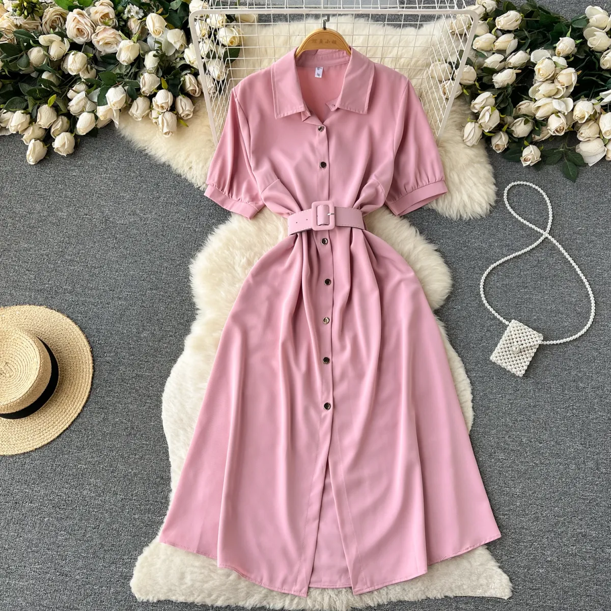 Summer Vintage Green/Blue/Red Turn-Down Collar Single Breasted Dress Casual Short Sleeve High Waist A-Line Midi Robe New Fashion_ecoleips.com