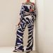 2025 Spring New Women's Printed Round Neck Loose Batwing Sleeve Waist-Cinching Wide-Leg Pants Fashion Set_ecoleips.com