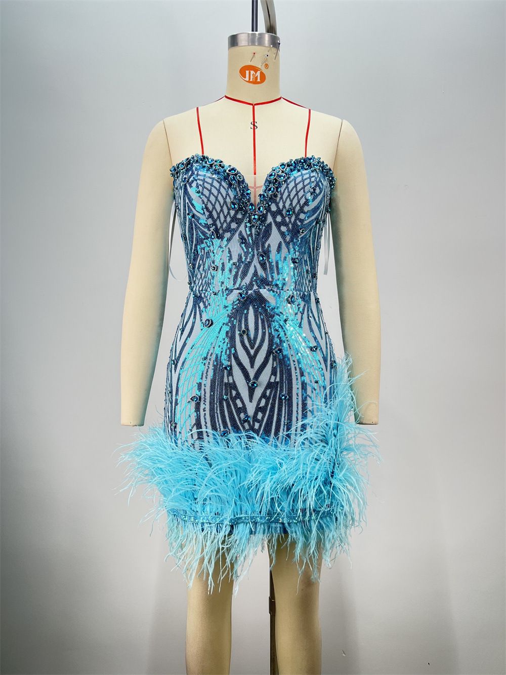 Women's Clothing New Blue Sexy Tube Top Feather Sequin Hip Dress_ecoleips.com