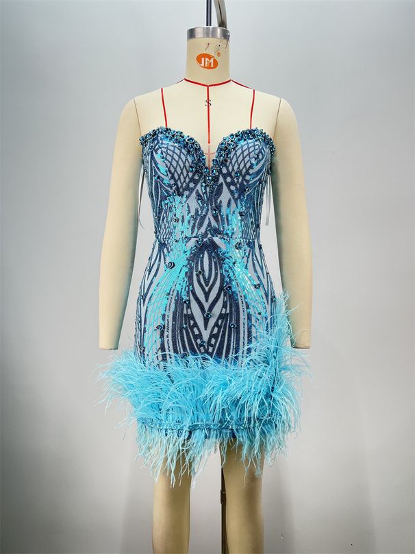 Women's Clothing New Blue Sexy Tube Top Feather Sequin Hip Dress_ecoleips.com