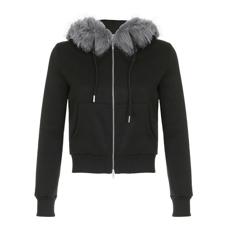Women's Plush Hooded Sweatshirt Zipper Cardigan High Street Style Loose Fitting Warm Fur Collar Pockets_ecoleips.com