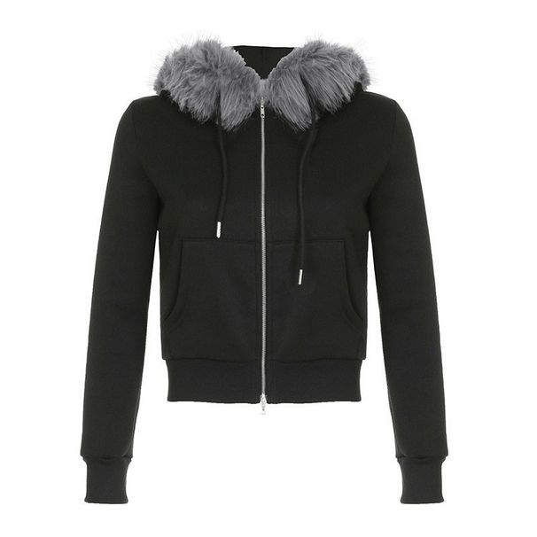 Women's Plush Hooded Sweatshirt Zipper Cardigan High Street Style Loose Fitting Warm Fur Collar Pockets_ecoleips.com