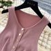 2025 New Women Chic Fashion With Golden Buttons Knitted Midi Dress O Neck Sleeveless Female Dresses Vestidos Mujer_ecoleips.com