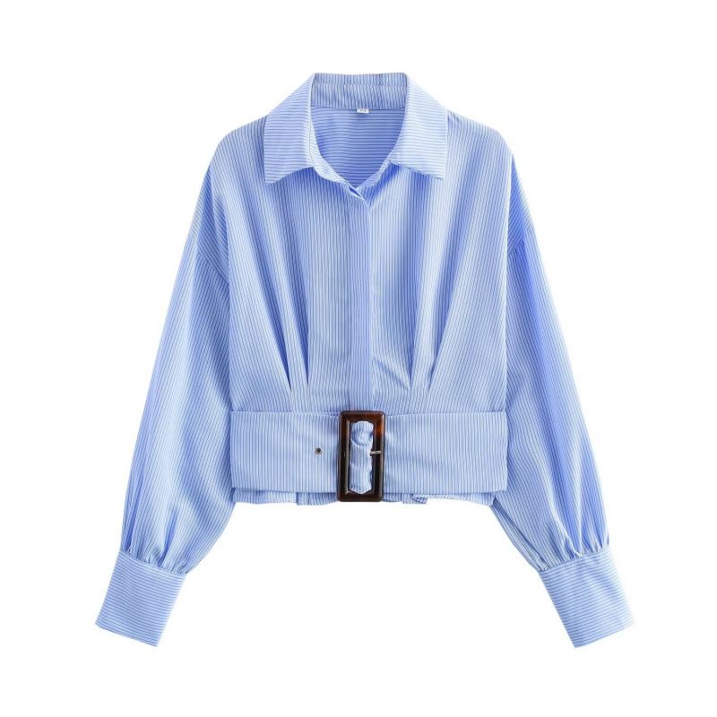 Women's Versatile Striped Lapel Shirt Long Sleeved Single Breasted Belt Embellishment New Style Clothing Wholesale 2025_ecoleips.com