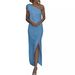 Elegant Asymmetrical Maxi Dress for Women Side Slit Ruffle Detail Black Red Blue S to XL_ecoleips.com