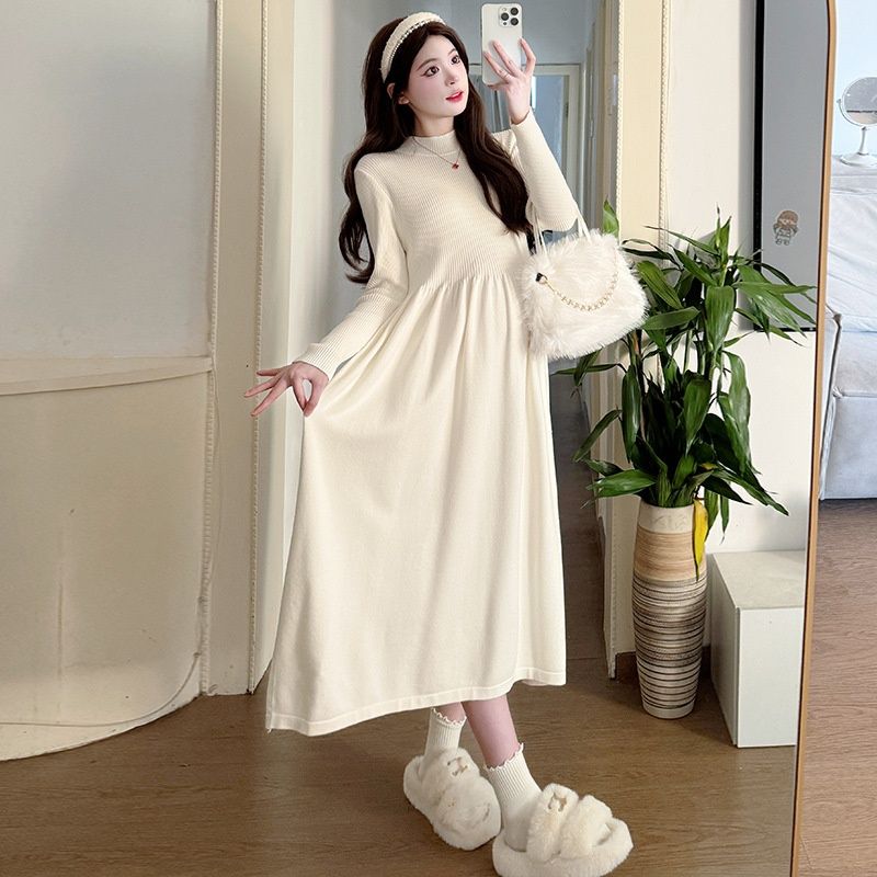 Autumn New Korean Fashion Half High Neck Knitted Maternity Dress_ecoleips.com